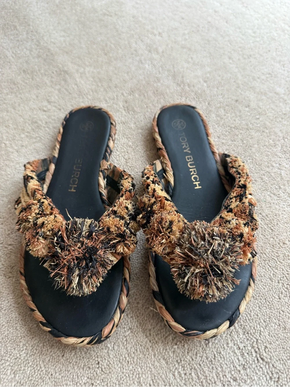 Tory Burch Tan and Black Raffia Pom Slide Sandals